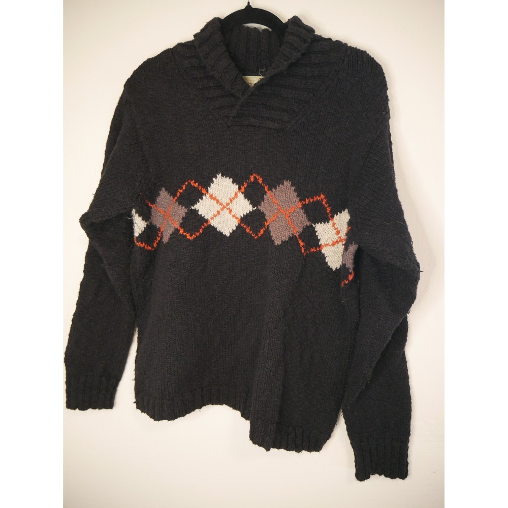 VTG The Territory Ahead Men's Sz M Argyle Shawl Collar 100% Cotton Sweater Black